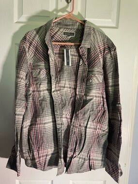 INC International Concepts Gray Plaid Long-Sleeve Dress Shirt with Red Accents
